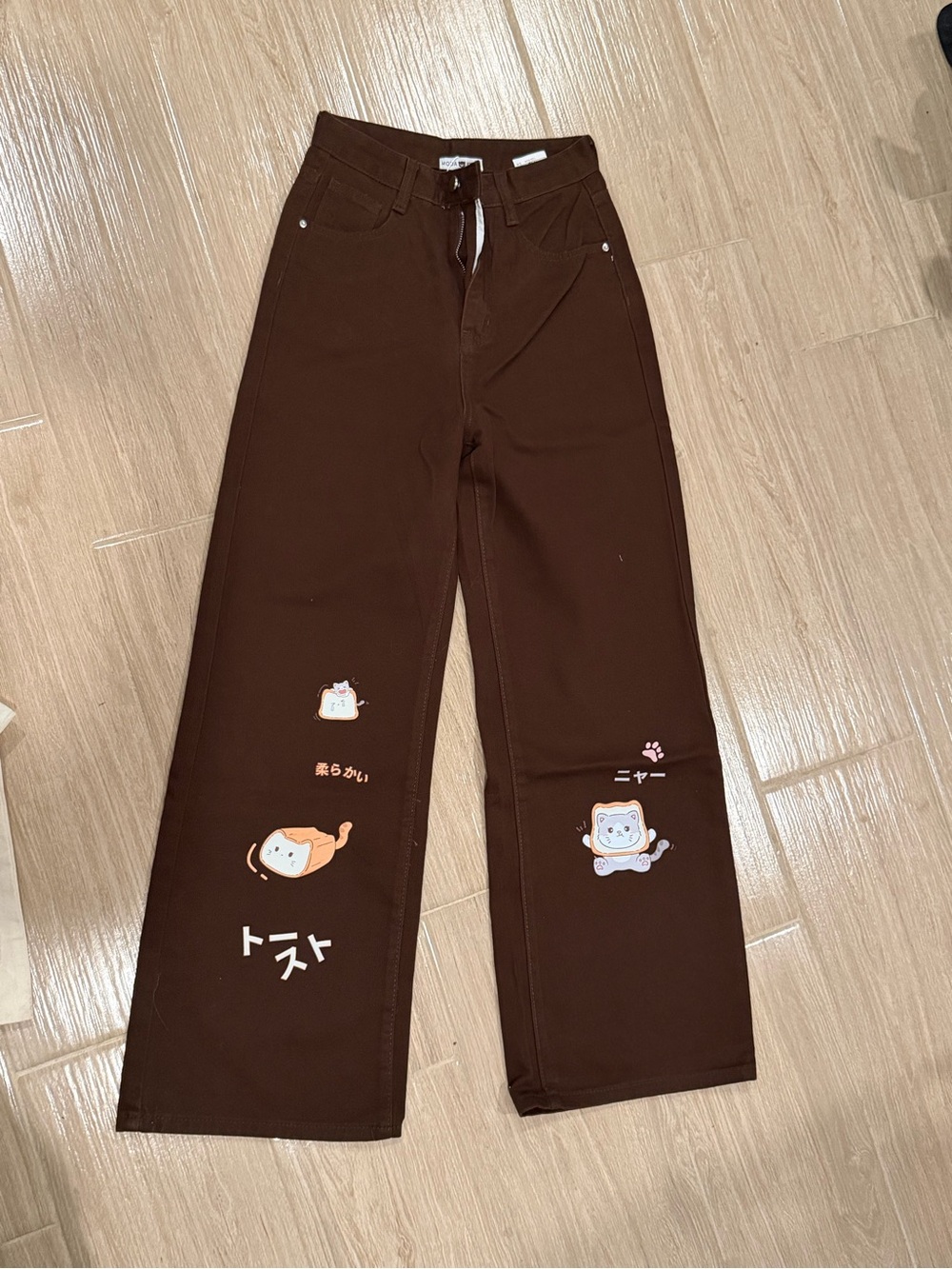 Kids Brown Cartoon Cat Wide-Leg Pants